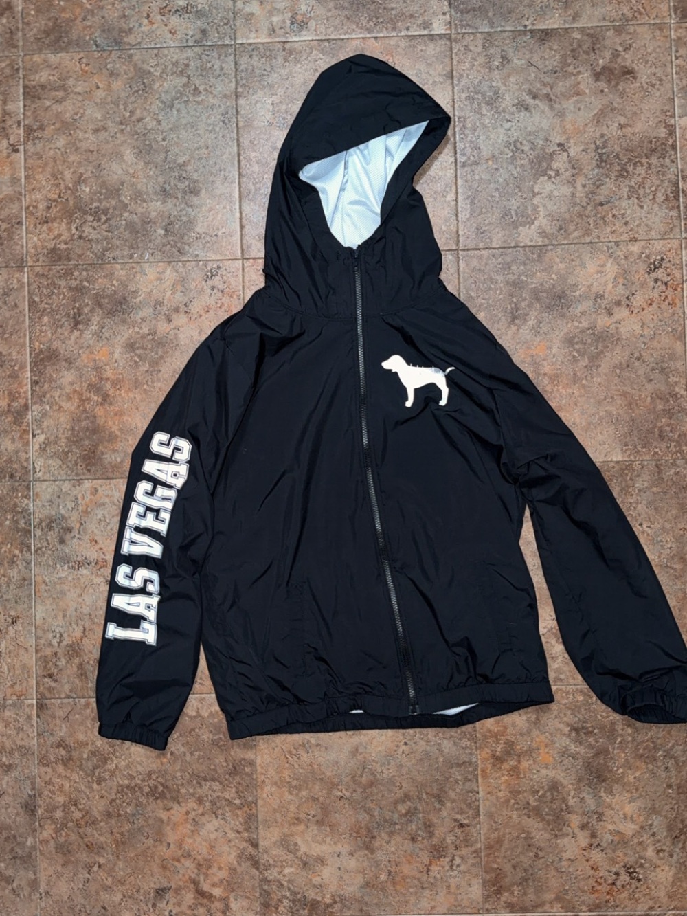 PINK Victoria's Secret Black Hooded Raincoat with White Logo